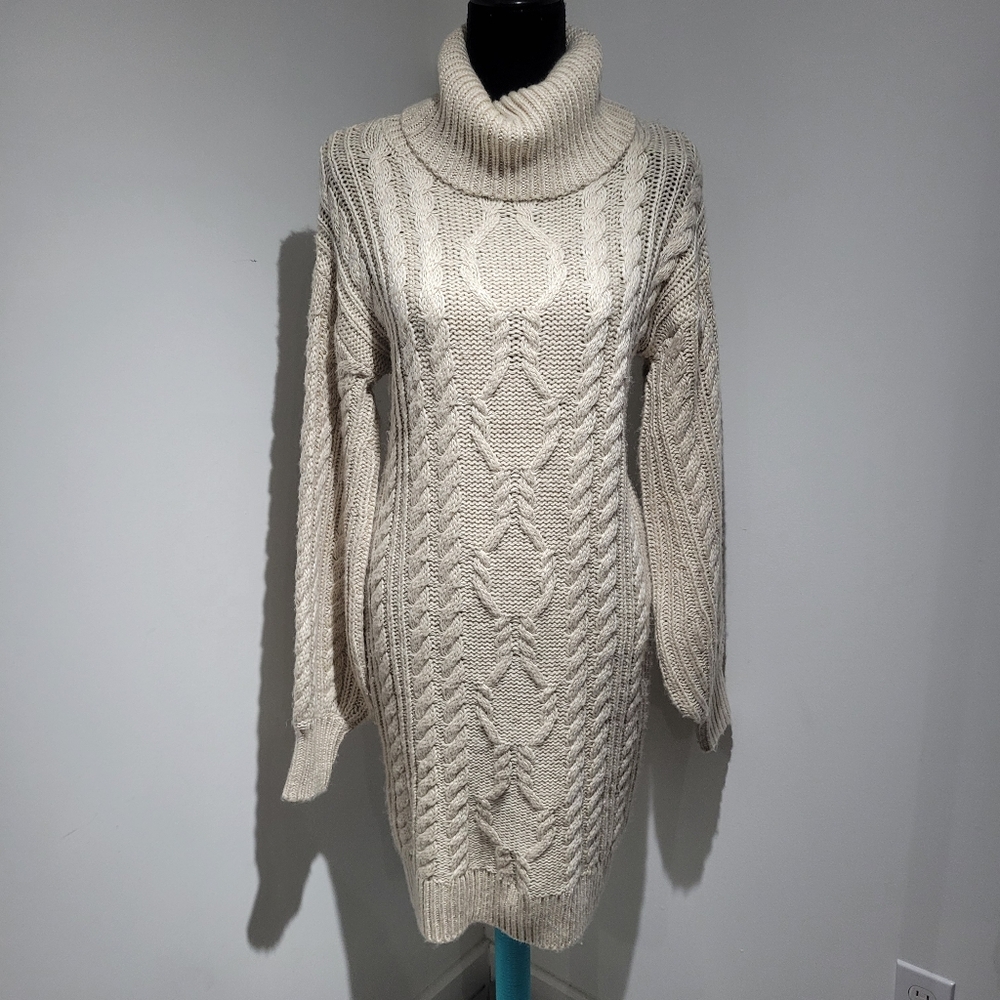 RW&CO. Cream Cable Knit Turtleneck Sweater Dress